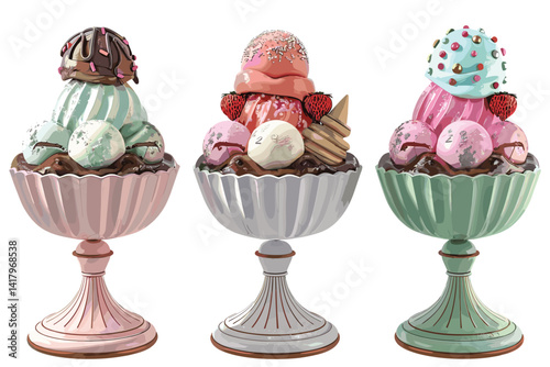 Set of ice cream in glass vase isolated on white background.