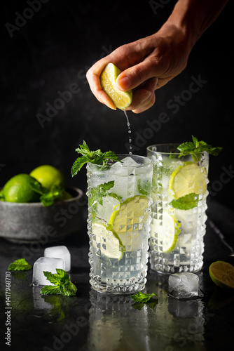 Obraz na płótnie Glass of iced lemonade with lime and mint, cold summer drink on dark background w salonie