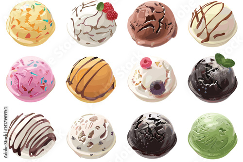 Close-up colorful balls from freshly prepared homemade sweet tasty ice cream or gelato with star decoration.