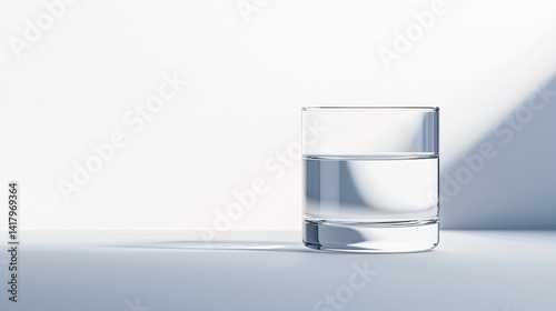 A minimalist glass of water on a smooth surface, illuminated by soft light, creating subtle reflections and shadows.