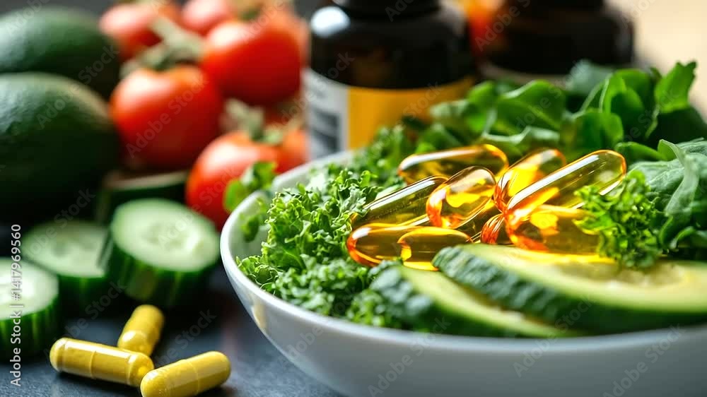 A well-balanced salad bowl with avocado, tomatoes, cucumbers, and leafy greens, accompanied by a set of vitamin supplements, promoting a natural and healthy immune system