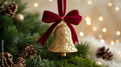 A golden bell, adorned with an elegant crimson bow, hangs delicately amidst lush pine boughs, whispering tidings of joy and festive cheer in a warm, enchanting setting.