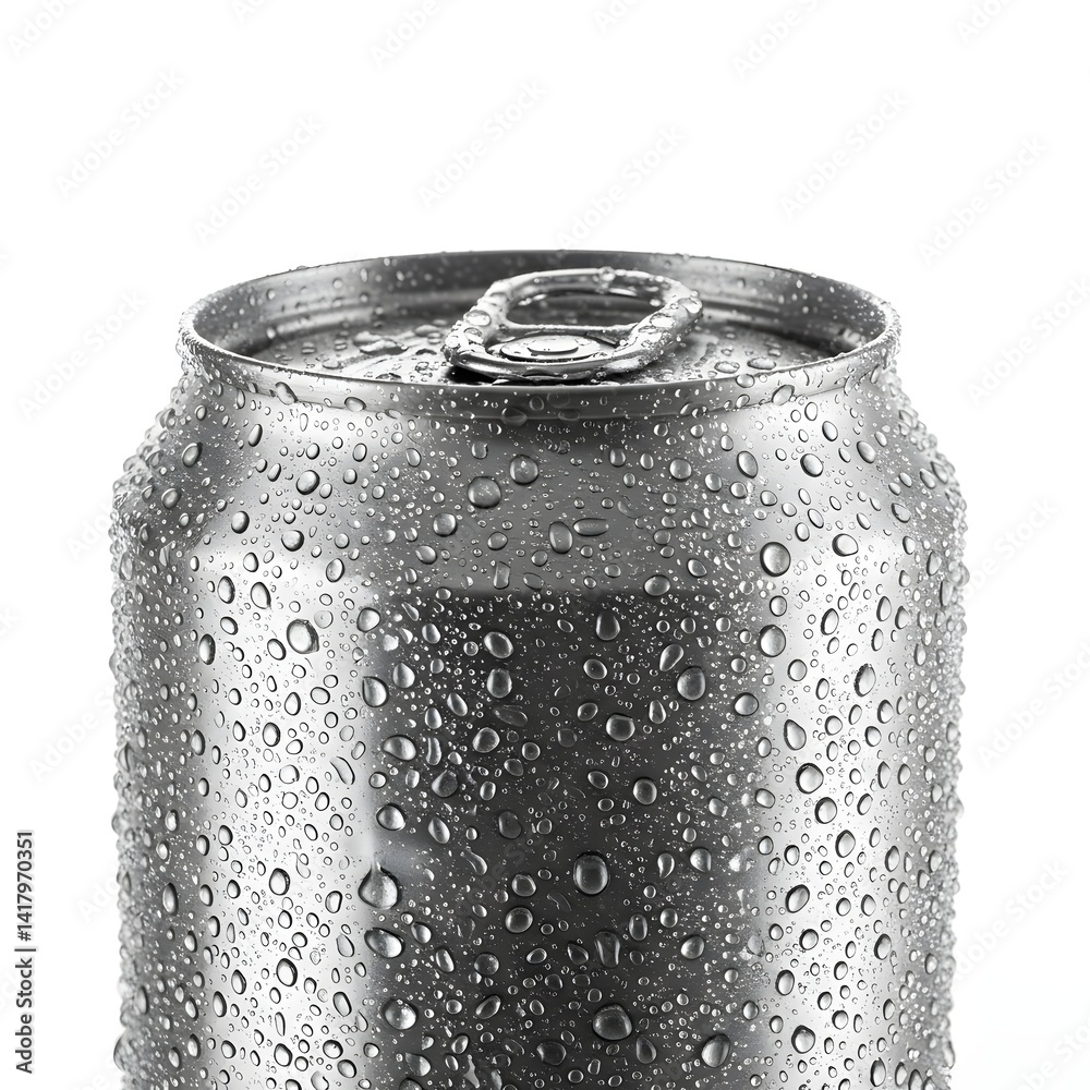 Close-up Metallic Soda Can with Water Droplets - Refreshing Cold Beverage, Isolated on White. Close-up Metallic Soda Can with Water Droplets - Refreshing Cold Beverage, Isolated on White.