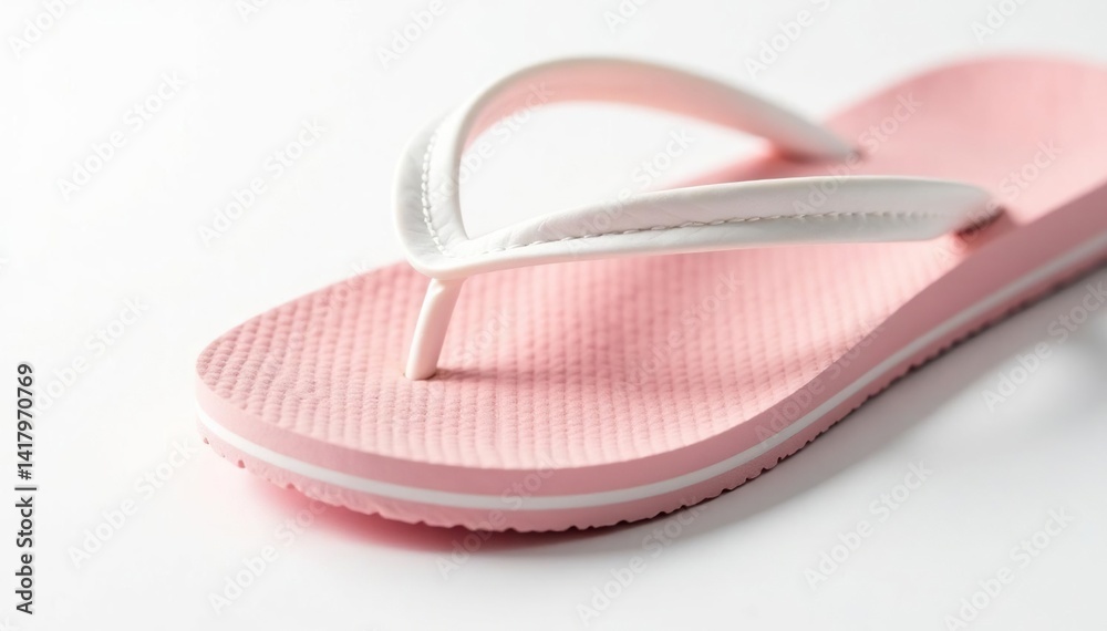 Close-up view of a flip-flop against stark white backdrop , fashion, thong, macro Close-up view of a flip-flop against stark white backdrop , fashion, thong, macro
