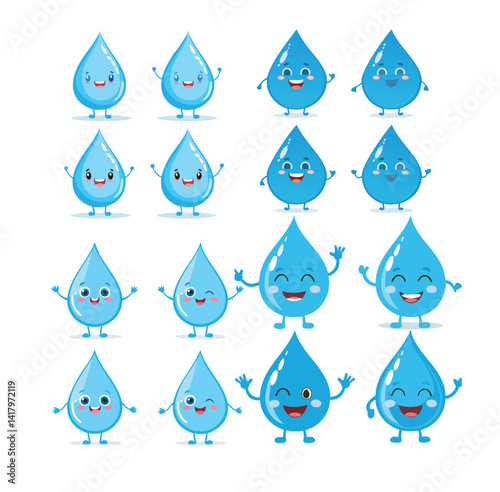 "Cute Water Drop Characters with Smiles and Expressions"