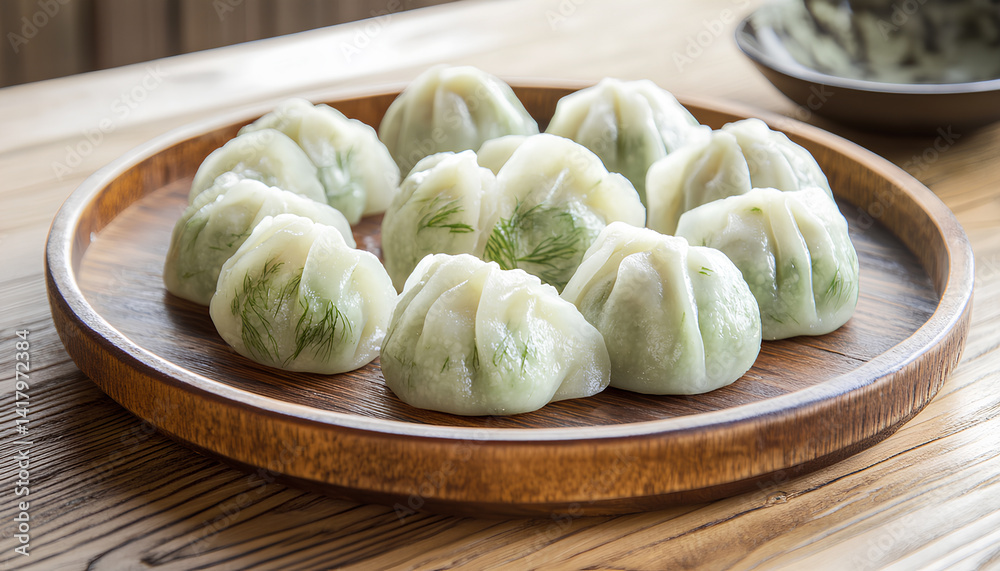 Delicious dumplings with dill served on a wooden table, closed Delicious dumplings with dill served on a wooden table, closed