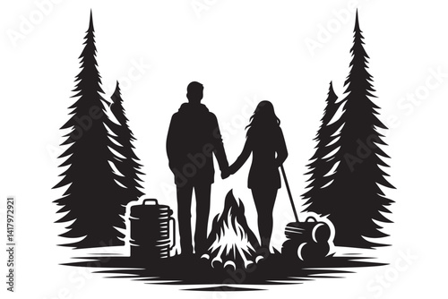 Couple Enjoying Campfire in Silhouette Forest Illustration Vector Image
