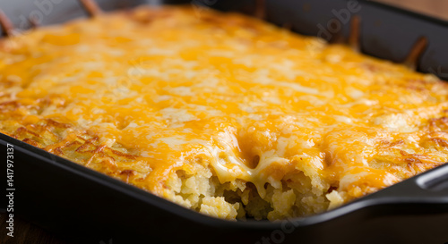 Cheesy Hash Brown Casserole in Baking Dish Ready to Be Served