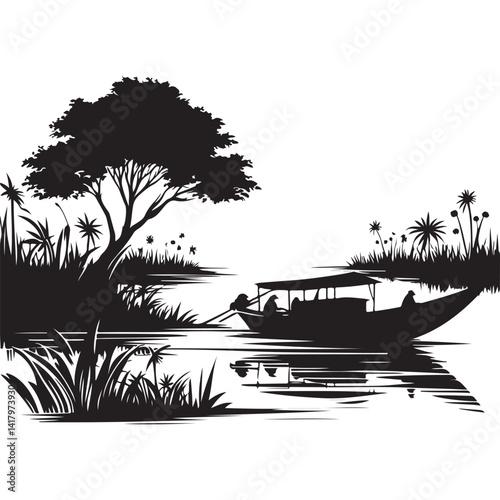 Black Silhouette Tropical River Scene with Boat and Lush Vegetation