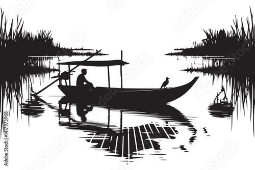 Silhouette Boat on Calm Water with Reflective Serene Landscape