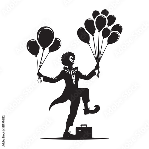 Playful Silhouette Clown Illustration Holding Balloons with Suitcase