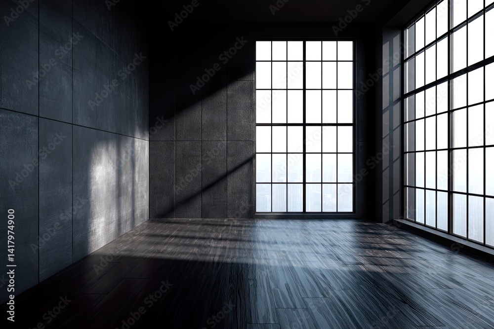 Obraz premium Dark Room Interior with Hardwood Floor, Large Gridded Windows and Concrete Walls