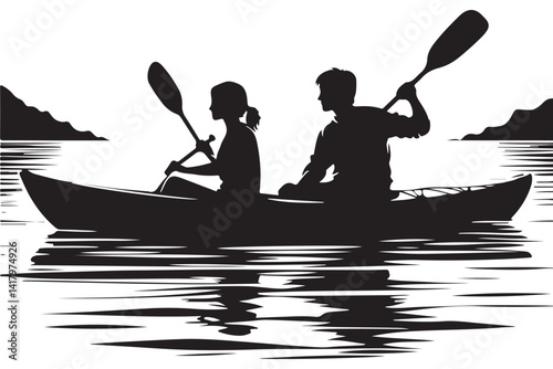 Silhouette of Couple Kayaking on Lake Outdoor Adventure Vector