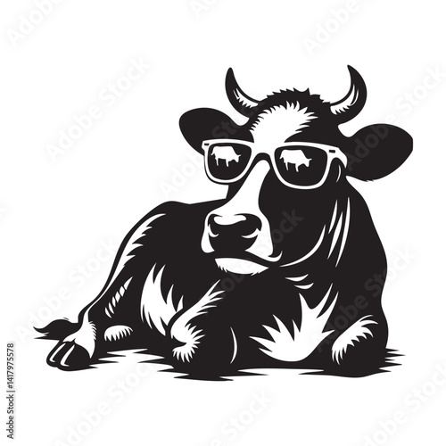 Cool Cow with Sunglasses Reclining Vector Artwork Illustration Design