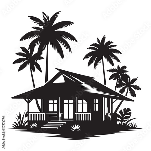 Tropical House Silhouette Illustration With Palms Tree For Vacation
