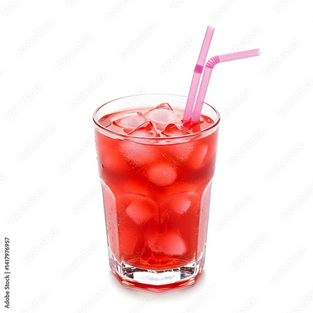 Refreshing Red Drink with Ice Cubes and Straws - Cold Beverage, Summer, Juice, Cocktail. Refreshing Red Drink with Ice Cubes and Straws - Cold Beverage, Summer, Juice, Cocktail.