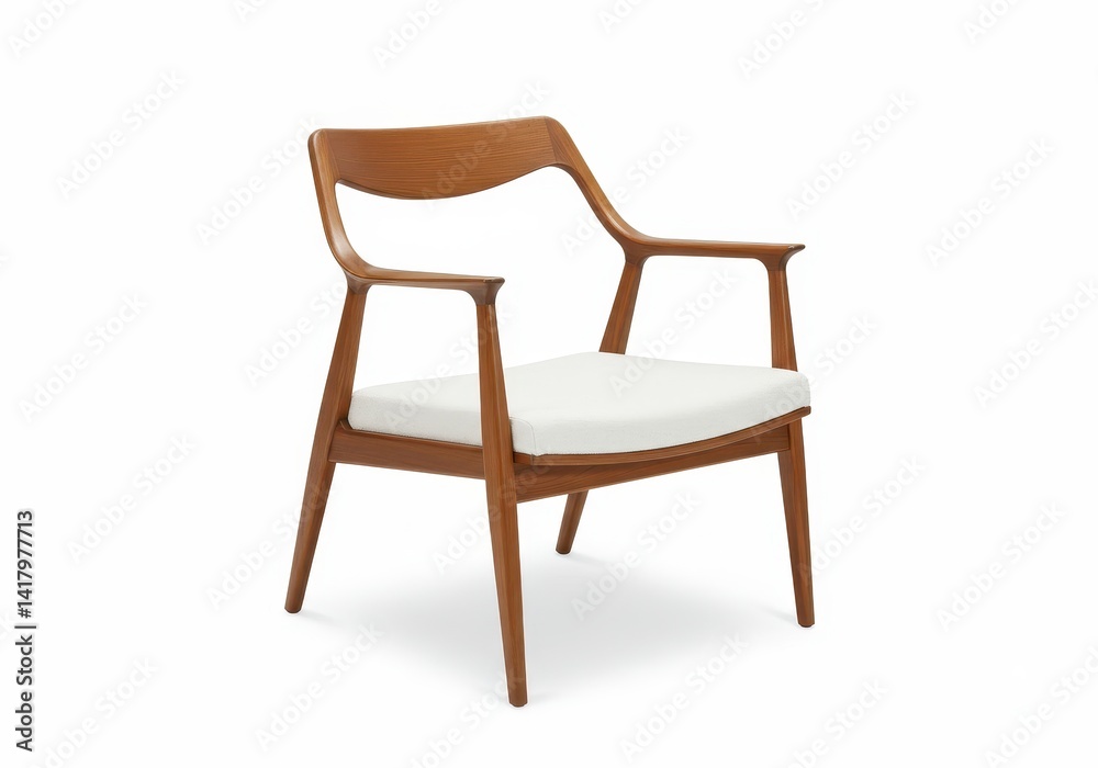 Fototapeta premium A stylish mid-century modern wooden armchair with curved lines and white upholstered seat isolated on white background