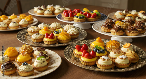 Assortment Of Miniature Fruit Tarts And Creamy Desserts On Elegant Plates