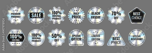 Tags and stickers with holographic effect and watermark: Sale, Black Friday, 100% original, offer, discount, Best price, Premium product, 50%, 70%, Half Price. Hologram various geometric shapes.