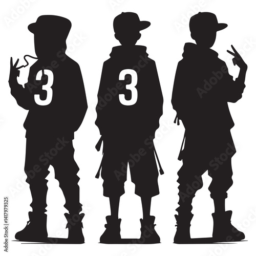 Silhouette of Three Young Boys Wearing Hoodies and Showing Peace