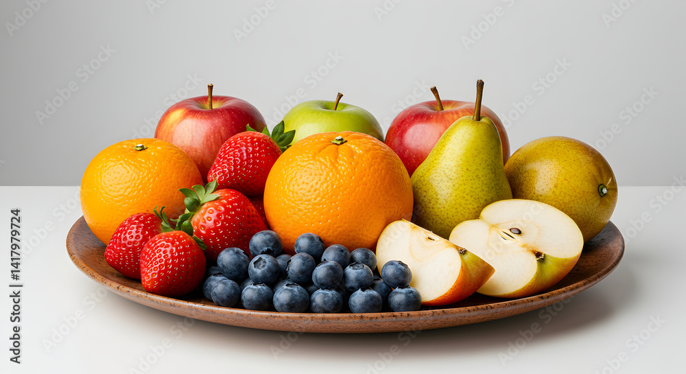 Assorted Fruits Fresh Displayed On A Rustic Wooden Plate Arrangement Assorted Fruits Fresh Displayed On A Rustic Wooden Plate Arrangement