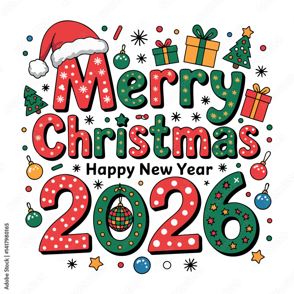 Naklejka premium Merry Christmas and Happy New Year 2026