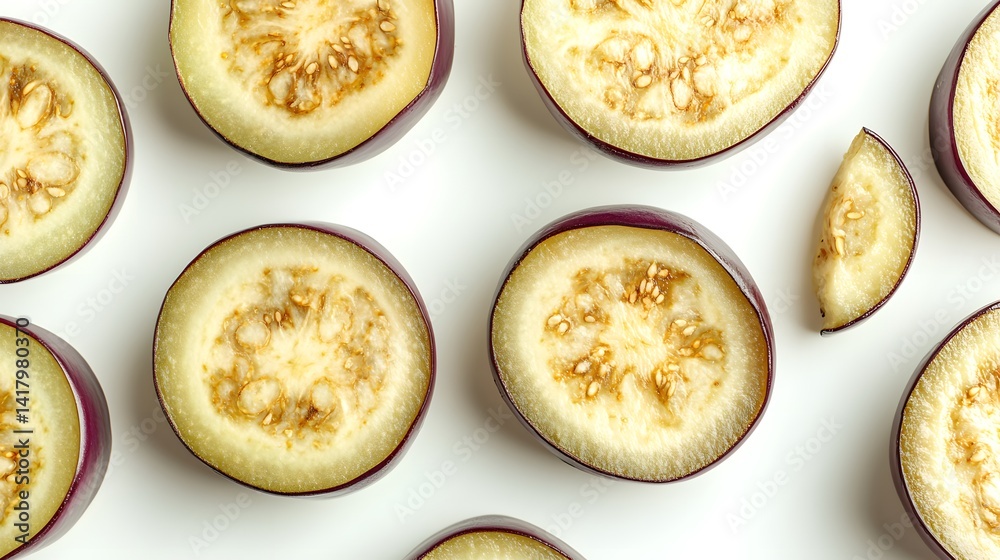 Overhead shot of sliced eggplants arranged on a white background. The eggplants are vibrant purple with creamy white flesh, showcasing their seeds. A simple, clean, and visually appealing food image. Overhead shot of sliced eggplants arranged on a white background. The eggplants are vibrant purple with creamy white flesh, showcasing their seeds. A simple, clean, and visually appealing food image.