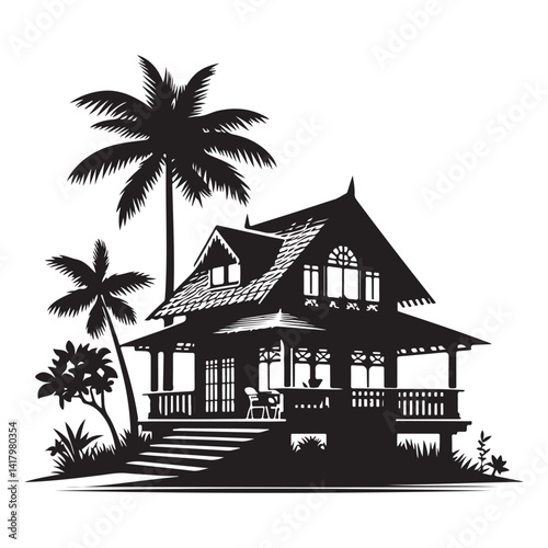 Beautiful Tropical Beach House Vector Illustration with Palm Trees Scenery