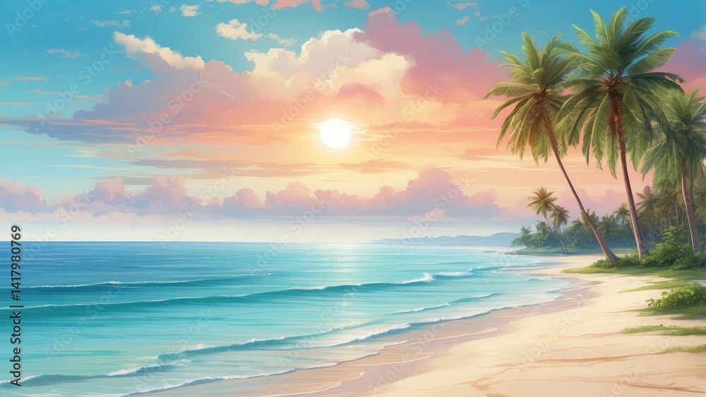 A serene tropical beach scene featuring gentle waves lapping at a sandy shore, framed by lush palm trees. A serene tropical beach scene featuring gentle waves lapping at a sandy shore, framed by lush palm trees.