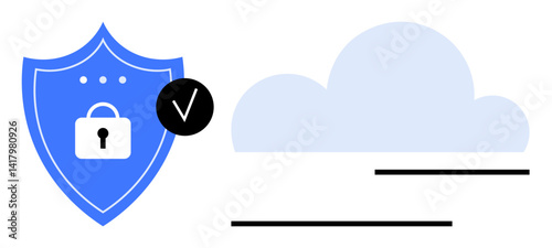 Blue shield with lock and checkmark symbolizes security and trust. Cloud and data lines imply protected cloud storage. Ideal for security, privacy, cloud computing, data protection, trust, safety