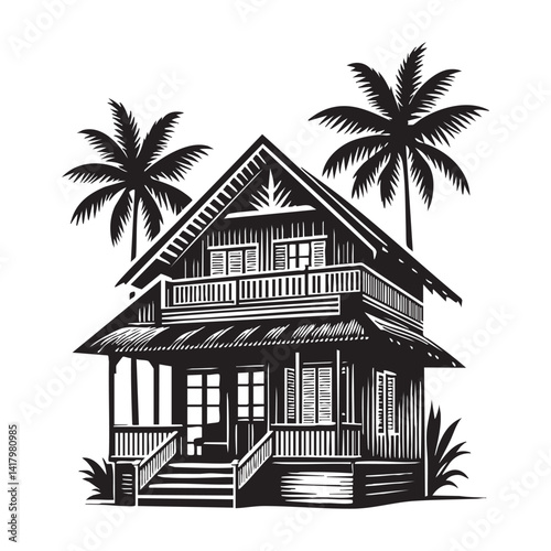Charming Black and White Beach House Illustration for Relaxing Getaways