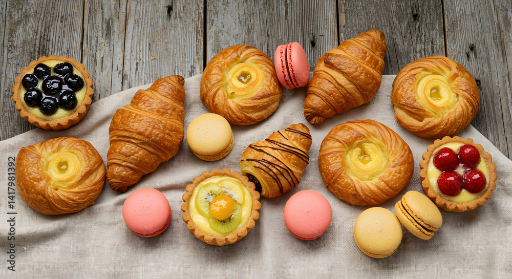 Assortment Of Freshly Baked Pastries And Macarons On A Rustic Wooden Table Assortment Of Freshly Baked Pastries And Macarons On A Rustic Wooden Table