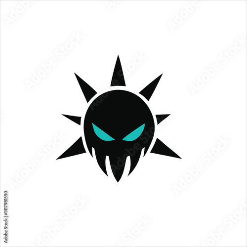 A black spiky shape with glowing blue eyes and sharp teeth on a white background