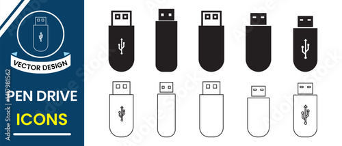 Pen drive icon, vector set. Silhouette of USB Pen drive icon vector pack, Technology Projects, data storage device symbol design on white background. Vector illustration.