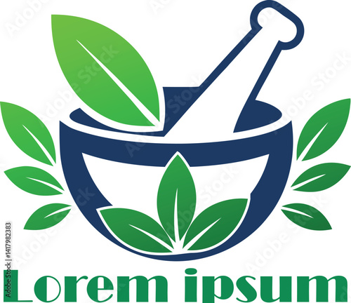 Ayurveda-Inspired Herbal Logo Vector with Pestle and Green Leaves for Eco Wellness Business and Natural Product Packaging