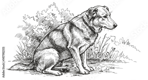 Illustration of a sitting dog in a grassy environment