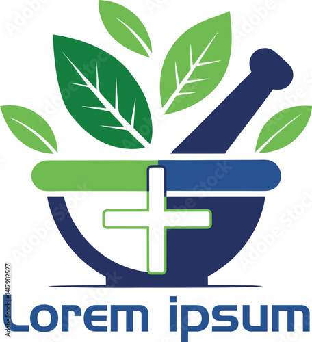 Elegant Herbal Brand Logo with Mortar and Pestle and Vibrant Green Leaves Representing Organic Healing and Eco Living