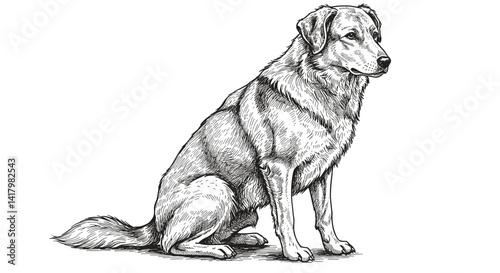 Sitting dog in detailed sketch illustration