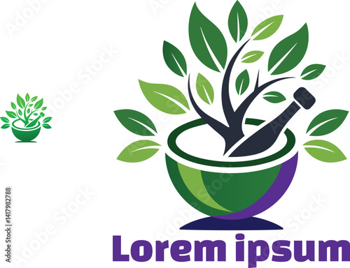 Green Herbal Logo with Mortar and Pestle and Leaf Elements – Perfect for Ayurvedic Medicine and Botanical Wellness Brands