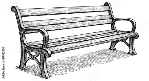 Wooden park bench illustration in black and white