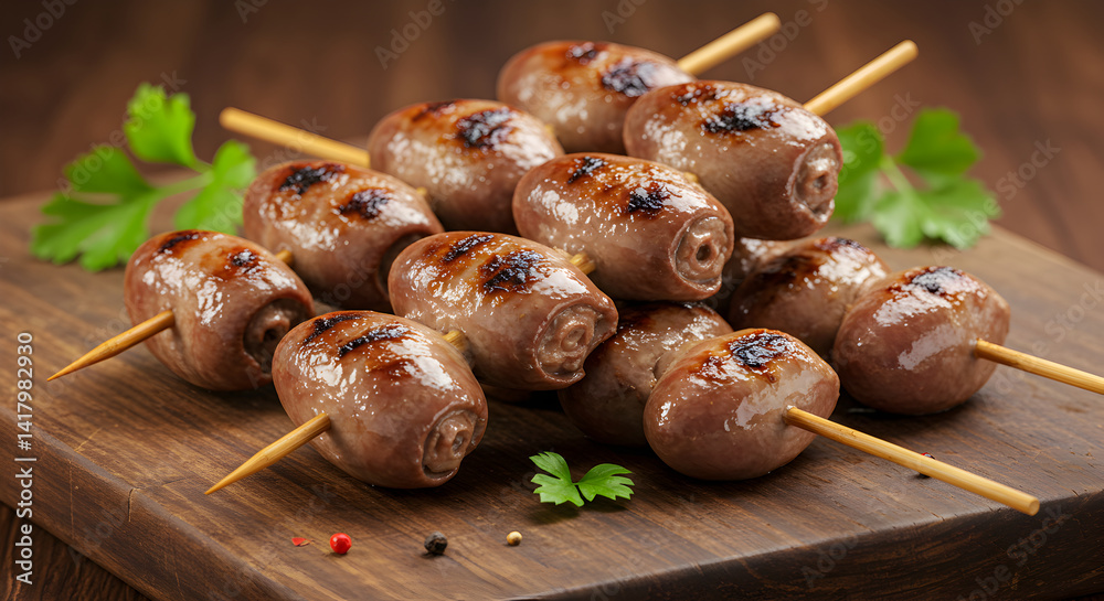Exotic Chicken Hearts Skewers on Cutting Board Prepared to be Served Exotic Chicken Hearts Skewers on Cutting Board Prepared to be Served