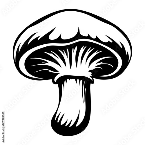 Black and white illustration of a mushroom with detailed gills beneath