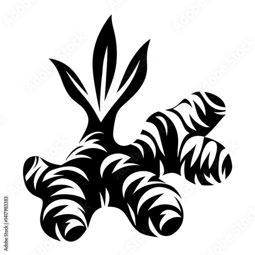 Stylized black and white ginger root with leaves, an artful illustration