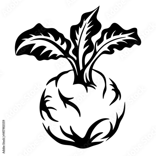 Stylized Black and White Vector Illustration of a Kohlrabi Vegetable Plant