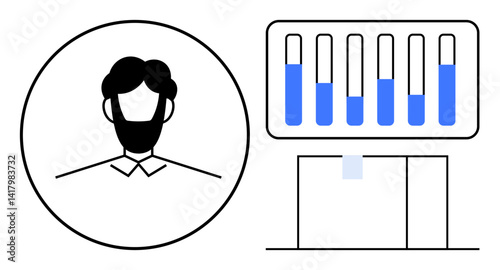 Profile icon of a person paired with vertical bar graph element, representing data analysis and monitoring. Ideal for user dashboard, statistics, analytics, tech interface, web services, data