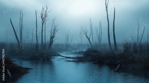 Eerie Foggy Swamp Landscape with Dead Trees 3D Rendering Atmosphere