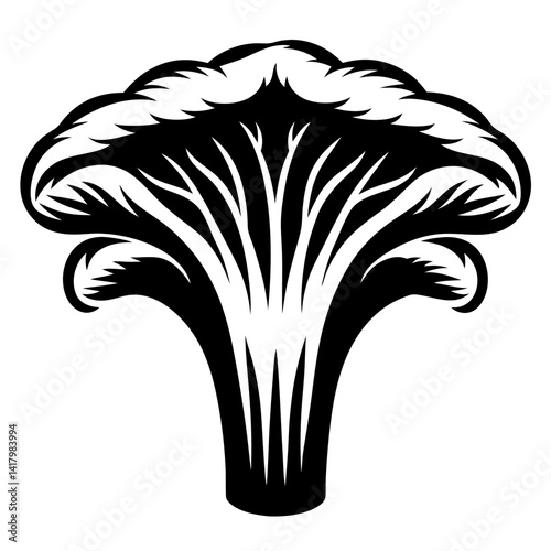 Monochrome Illustration of a Trumpet Chanterelle Mushroom with a Dramatic Silhouette