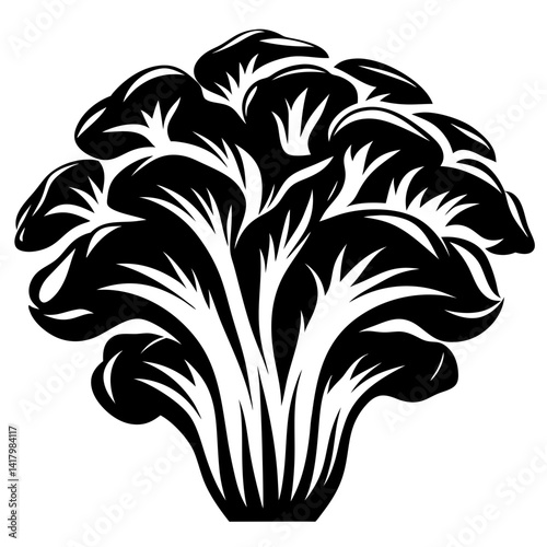 Stylized black and white illustration of a broccoli floret in full bloom