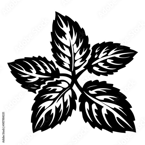 Stylized depiction of five leaves in a visually striking black and white image