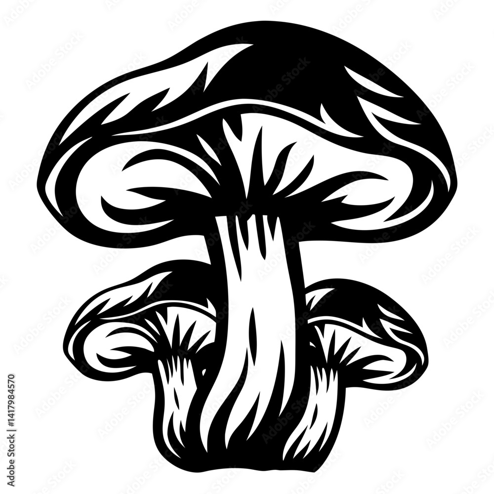 Obraz premium Black and White Illustration of Three Fungi in a Graphic Style